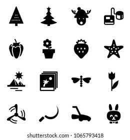 Solid vector icon set - christmas tree vector, deer hat, tonometer, sweet pepper, flower pot, strawberry, starfish, pyramid, photo, dragonfly, tulip, wind mill, sickle, lawn mower, toy rabbit