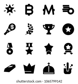 Solid vector icon set - christmas star vector, bitcoin, monero, coin, money torch, golden branch, gold cup, medal, crown, casting of steel