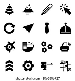 Solid vector icon set - christmas tree vector, mountains, thermometer, cursor, reload, paper plane, tie, crown, sea turtle, hotel, flower, printer wireless, chevron, gear, laser lever, Tic tac toe