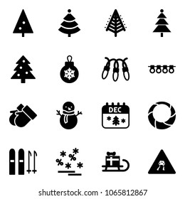 Solid vector icon set - christmas tree vector, ball, garland, gloves, snowman, calendar, wreath, ski, sale, sleigh gift, slippery road sign
