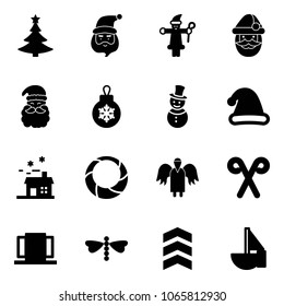Solid vector icon set - christmas tree vector, santa claus, ball, snowman, hat, house, wreath, angel, stick, doors, dragonfly, chevron, sailboat toy