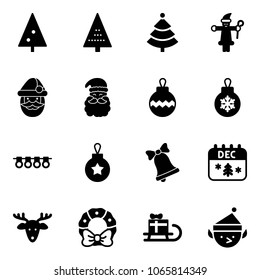 Solid vector icon set - christmas tree vector, santa claus, ball, garland, bell, calendar, deer, wreath, sleigh gift, elf