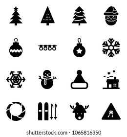 Solid vector icon set - christmas tree vector, santa claus, ball, garland, snowflake, snowman, hat, house, wreath, ski, deer, slippery road sign