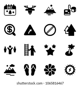 Solid vector icon set - christmas calendar vector, deer, mountains, tonometer, money click, turn right road sign, no limit, arrow up, team leader, opportunity, stars, palm, flip flops, flower