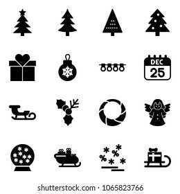 Solid vector icon set - christmas tree vector, gift, ball, garland, 25 dec calendar, sleigh, holly, wreath, angel, snowball, santa, sale