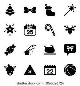 Solid vector icon set - christmas tree vector, bow, sock, Magic wand, star, 25 dec calendar, lollipop, deer, candy, falling, turkey, message, hat, airport road sign, ball