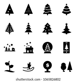 Solid vector icon set - christmas tree vector, landscape, house, snowball, mobile, sproute, hand, money, forest
