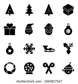 Solid vector icon set - christmas tree vector, gift, santa claus, ball, snowflake, sleigh, holly, wreath, snowball, stick, elf