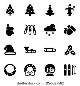 Solid vector icon set - christmas tree vector, santa claus, glove, garland, snowfall, gloves, hat, sleigh, holly, wreath, snowball house, ski