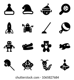 Solid vector icon set - christmas hat vector, elf, bacteria, rocket, robot, hoe, beanbag, crocodile, bear toy, plane, horse stick, ufo, caterpillar, wirligig