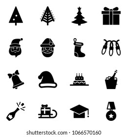 Solid vector icon set - christmas tree vector, gift, santa claus, sock, garland, bell, hat, cake, champagne, sleigh, graduate, star medal