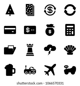 Solid vector icon set - christmas tree vector, breads, dollar exchange, credit card, money bag, calculator, folder, chess tower, storm, shell, beer, moon rover, plane, baby car