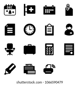 Solid vector icon set - christmas calendar vector, first aid room, schedule, attachment, document, time, clipboard, manager, office chair, case, calculator, agreement, highlight marker, sea hotel