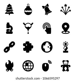 Solid vector icon set - christmas tree vector, ball, bell, firework, lab, bladder, hand cursor, map pin, link, puzzle, globe, award, fire, mouse wireless, bear toy