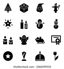 Solid vector icon set - christmas tree vector, gift, santa claus, star, candle, snowman, angel, sleigh, certificate, medal, pennant, crown, tulip