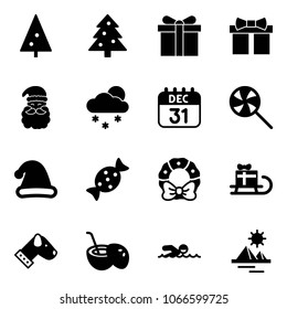 Solid vector icon set - christmas tree vector, gift, santa claus, snowfall, 31 dec calendar, lollipop, hat, candy, wreath, sleigh, dog, coconut cocktail, swimming, pyramid