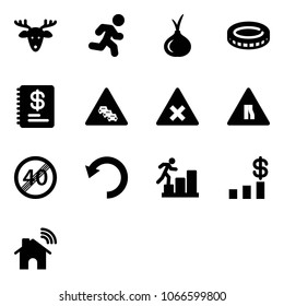 Solid vector icon set - christmas deer vector, run, onion, coin, annual report, multi lane traffic road sign, railway intersection, narrows, end speed limit, undo, career, dollar chart