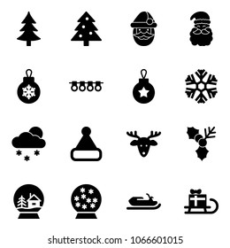 Solid vector icon set - christmas tree vector, santa claus, ball, garland, snowflake, snowfall, hat, deer, holly, snowball house, snowmobile, sleigh gift