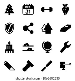 Solid vector icon set - christmas tree vector, 31 dec calendar, barbell, heart, shield, share, arrow up, gold, bank building, flip flops, globe, wrench, work knife, bolt, rasp, laser lever