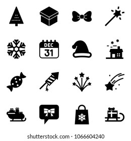 Solid vector icon set - christmas tree vector, gift, bow, Magic wand, snowflake, 31 dec calendar, hat, house, candy, firework rocket, falling star, santa sleigh, message, shop bag