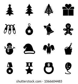 Solid vector icon set - christmas tree vector, gift, garland, ball, bell, cake man, snowman, hat, angel, champagne, star medal, finger ring, balloon smile