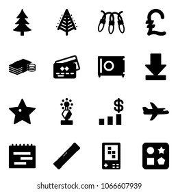 Solid vector icon set - christmas tree vector, garland, pound, cash, credit card, safe, download, star, award, dollar chart, plane, terms plan, level, game console, cube hole toy