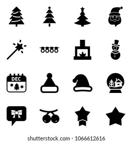 Solid vector icon set - christmas tree vector, santa claus, Magic wand, garland, fireplace, snowman, calendar, hat, snowball house, bow message, rowanberry, star medal