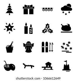 Solid vector icon set - christmas tree vector, gift, garland, snowfall, star, candle, holly, turkey, champagne, angel, ski, sale, coconut cocktail, lounger, bungalow, sand castle