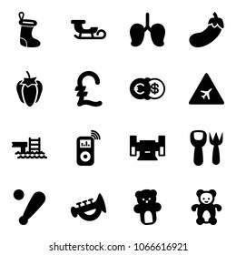 Solid vector icon set - christmas sock vector, sleigh, lungs, eggplant, sweet pepper, pound, euro dollar, airport road sign, pool, music player, sharpening, shovel fork toy, baseball bat, horn, bear