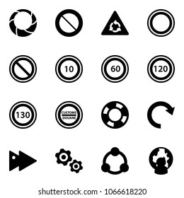 Solid vector icon set - christmas wreath vector, prohibition road sign, round motion, speed limit 10, 60, 120, 130, customs, lifebuoy, redo, fast forward, gears, community, man globe