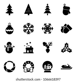 Solid vector icon set - christmas tree vector, glove, ball, snowflake, gloves, snowman, house, holly, wreath, snowball, snowmobile