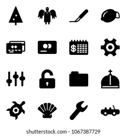 Solid vector icon set - christmas tree vector, angel, scalpel, lemon, credit card, finance calendar, gear, settings, unlocked, folder, crown, sea turtle, shell, wrench, toy car