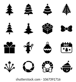 Solid vector icon set - christmas tree vector, gift, bow, santa claus, ball, calendar, firework, wreath, elf