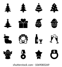 Solid vector icon set - christmas tree vector, gift, santa claus, sock, wreath, wine, glasses, angel, star medal, finger ring