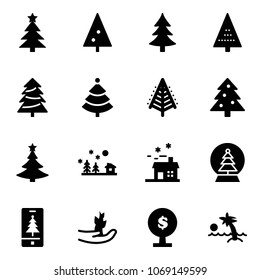 Solid vector icon set - christmas tree vector, landscape, house, snowball, mobile, hand sprout, money, palm