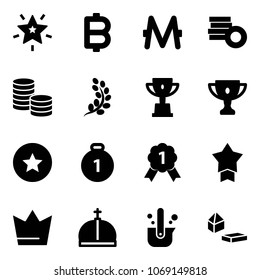 Solid vector icon set - christmas star vector, bitcoin, monero, coin, golden branch, win cup, gold, medal, crown, casting of steel, constructor blocks