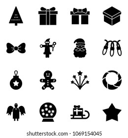 Solid vector icon set - christmas tree vector, gift, bow, santa claus, garland, ball, cake man, firework, wreath, angel, snowball, sleigh, star medal