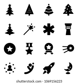 Solid vector icon set - christmas tree vector, Magic wand, ambulance star, award, medal, first satellite, man, flying, rocket, moon lamp