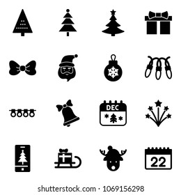 Solid vector icon set - christmas tree vector, gift, bow, santa claus, ball, garland, bell, calendar, firework, mobile, sleigh, deer hat