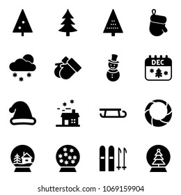 Solid vector icon set - christmas tree vector, glove, snowfall, gloves, snowman, calendar, hat, house, sleigh, wreath, snowball, ski