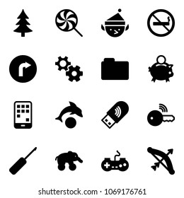 Solid vector icon set - christmas tree vector, lollipop, elf, no smoking sign, only right road, gear, folder, piggy bank, mobile, dolphin, usb wi fi, wireless key, awl, elephant wheel, gamepad, bow