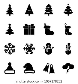 Solid vector icon set - christmas tree vector, gift, sock, snowflake, snowman, hat, flippers, storm
