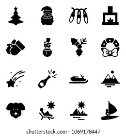 Solid vector icon set - christmas tree vector, santa claus, garland, fireplace, gloves, snowman, holly, wreath, falling star, champagne, snowmobile, mountains, dog, beach, pyramid, windsurfing