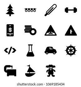 Solid vector icon set - christmas tree vector, garland, thermometer, barbell, mobile payment, coin, drawbridge road sign, intersection, tag code, flask, car, hand wheel, machine tool, sailboat toy
