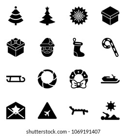 Solid vector icon set - christmas tree vector, firework, gift, santa claus, sock, lollipop, sleigh, wreath, snowmobile, star letter, airport road sign, lounger, reading