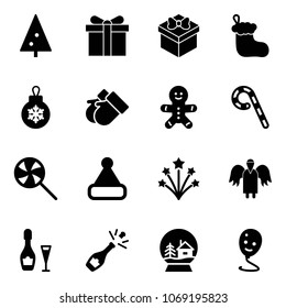 Solid vector icon set - christmas tree vector, gift, sock, ball, gloves, cake man, lollipop, hat, firework, angel, wine, champagne, snowball house, balloon smile