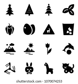 Solid vector icon set - christmas tree vector, three leafs, sweet pepper, eggs, wild animals road sign, garbage, mountains, pyramid, tulip, dolphin, wind mill, toy rabbit, giraffe, cat
