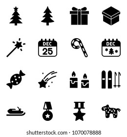 Solid vector icon set - christmas tree vector, gift, Magic wand, 25 dec calendar, lollipop, candy, falling star, candle, ski, snowmobile, medal, toy horse