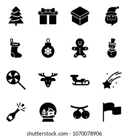 Solid vector icon set - christmas tree vector, gift, santa claus, sock, ball, cake man, snowman, lollipop, deer, sleigh, falling star, champagne, snowball house, rowanberry, flag