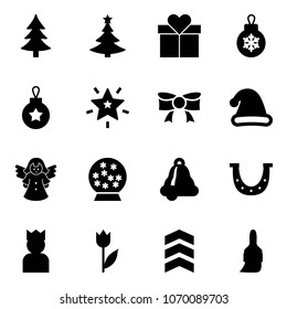 Solid vector icon set - christmas tree vector, gift, ball, star, bow, hat, angel, snowball, bell, luck, king, tulip, chevron, brush
